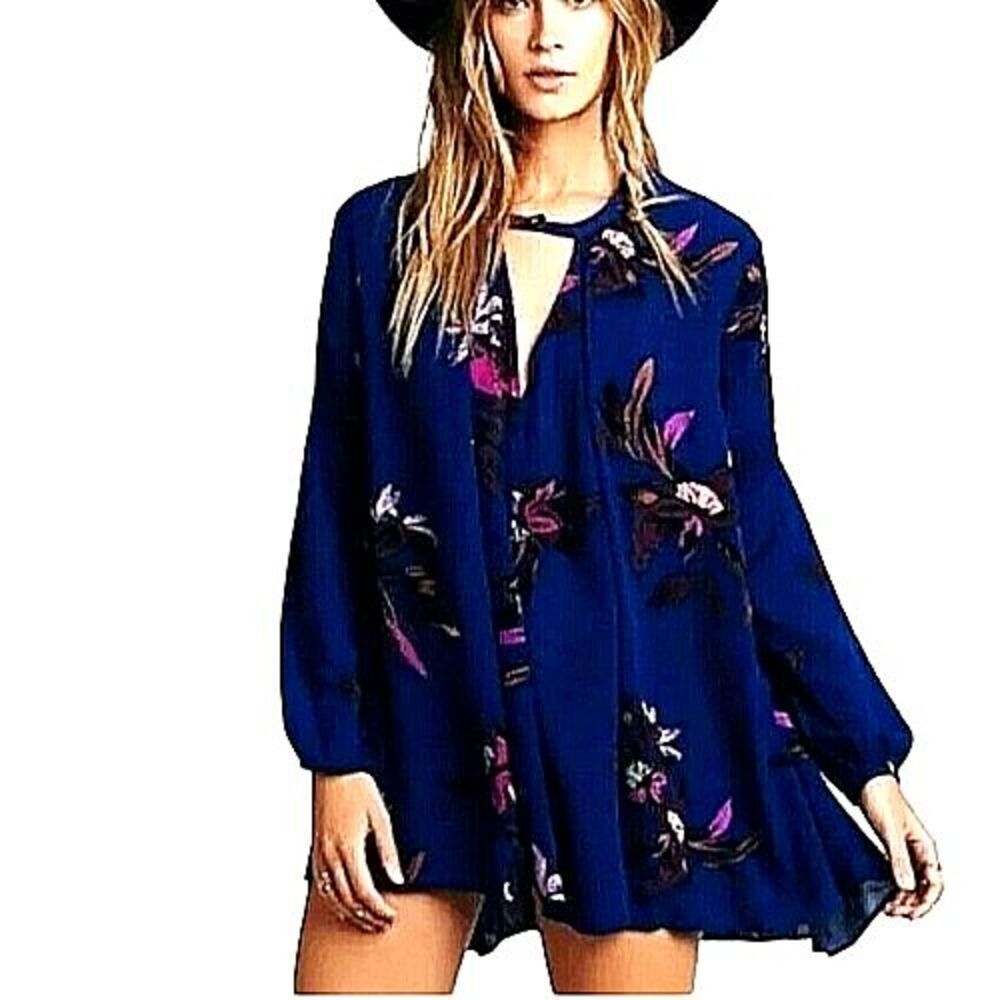Free People Dress Women XS Tree Swing Blue Tunic Floral Keyhole Boho Long Sleeve
